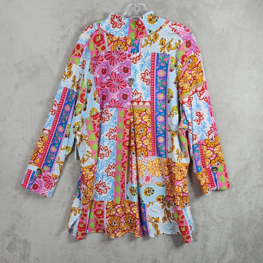 Calessa Womens 1X Floral Patchwork Button Up Mock Neck Shirt Fuchsia‎ Colorful - Picture 2 of 8